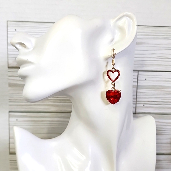 Gold with Red Crystal Double Heart Drop Earrings New - Picture 5 of 7
